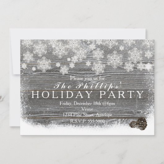 素朴な冬の雪の結晶と松ぼっくりの招待状 招待状 (正面)
