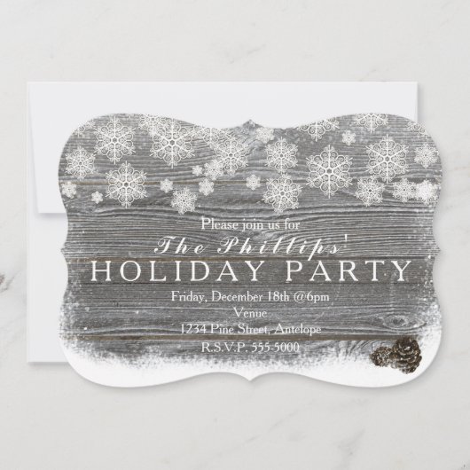 素朴な冬の雪の結晶と松ぼっくりの招待状 招待状 (正面)