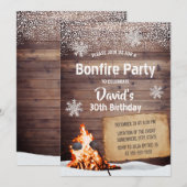 素朴な冬の雪の結晶 焚き火 誕生日パーティー 招待状 (正面/裏面)