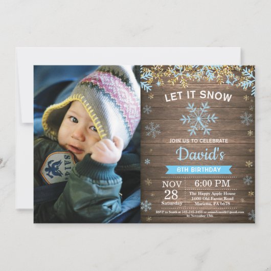 素朴な冬の雪の結晶 青と金の男の子の誕生日 招待状 (正面)