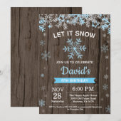 素朴な冬の雪の結晶 青と銀の男の子の誕生日 招待状 (正面/裏面)