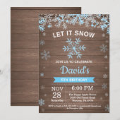 素朴な冬の雪の結晶 青と銀の男の子の誕生日 招待状 (正面/裏面)