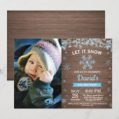 素朴な冬の雪の結晶 青と銀の男の子の誕生日 招待状 (正面/裏面)