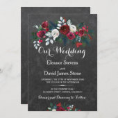 素朴な冬の黒板 バーガンディ フラワーのウェディング 招待状 (正面/裏面)