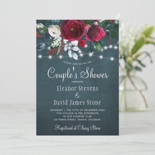 素朴な冬エレガントのフローラの海軍カップルがシャワー 招待状 (スタンド正面)