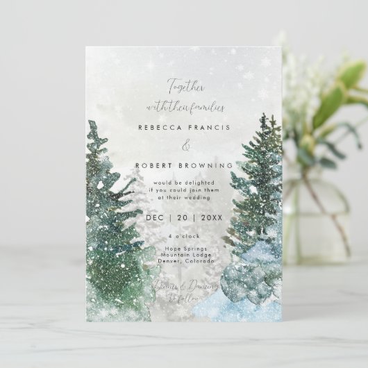 素朴な冬木の雪結婚式招待状 招待状 (スタンド正面)