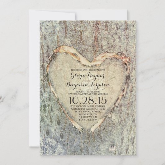 素朴な切り分けられたハートの木のヴィンテージの結婚 招待状 (正面)