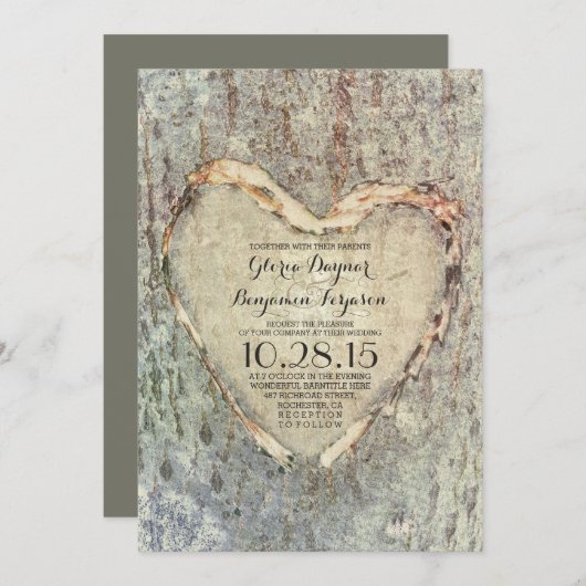 素朴な切り分けられたハートの木のヴィンテージの結婚 招待状 (正面/裏面)