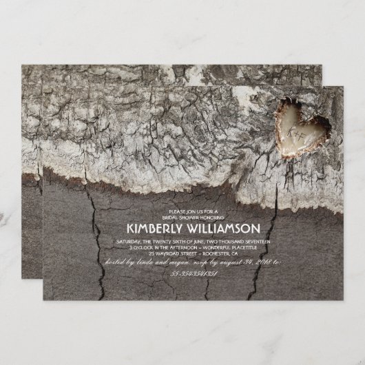 素朴な切り分けられた木製のハートの木のブライダルシャワー 招待状 (正面/裏面)