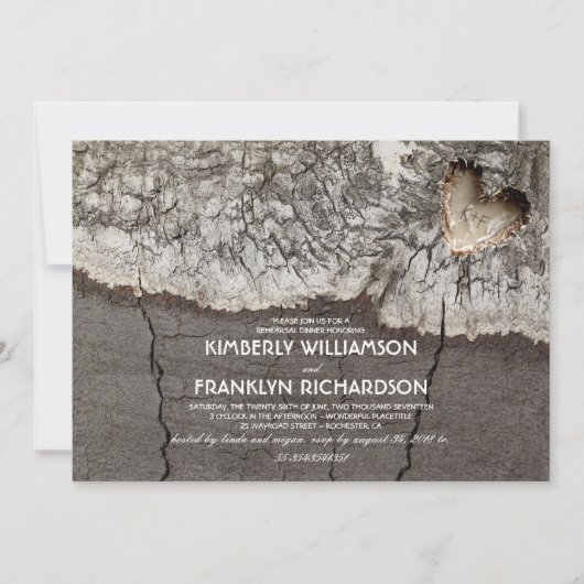 素朴な切り分けられた木製のハートの木のリハーサルの夕食 招待状 (正面)