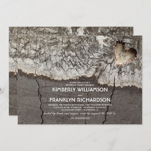 素朴な切り分けられた木製のハートの木のリハーサルの夕食 招待状 (正面/裏面)