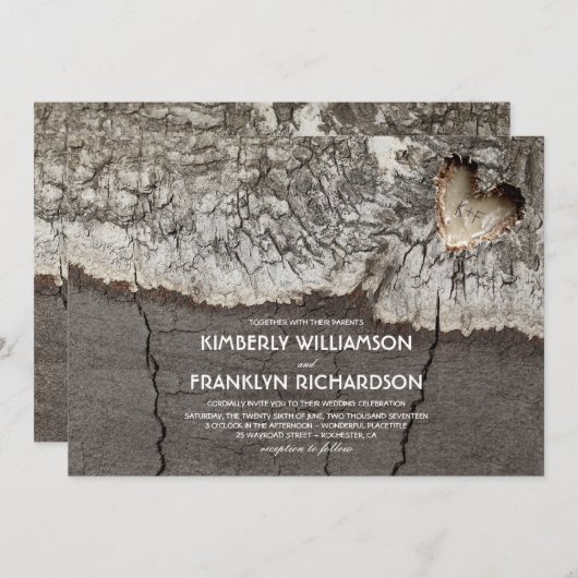 素朴な切り分けられた木製のハートの木の結婚式 招待状 (正面/裏面)