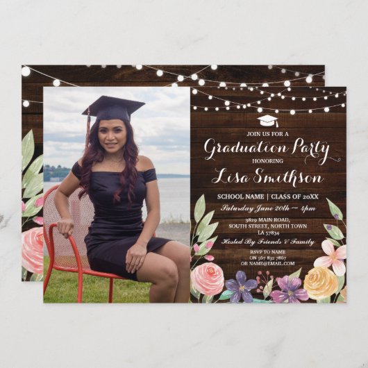 素朴な卒業によってはライト木写真が開花します 招待状 (正面/裏面)