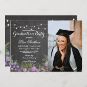 素朴な卒業パーティーのチョークの薄紫の花の写真 招待状 (正面/裏面)