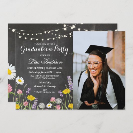 素朴な卒業パーティーのチョークの野生花の写真 招待状 (正面/裏面)