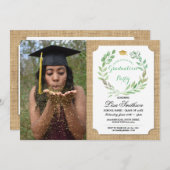 素朴な卒業パーティーのバーラップの葉のリースの写真 招待状 (正面/裏面)