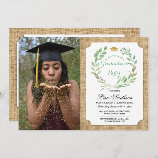 素朴な卒業パーティーのバーラップの葉のリースの写真 招待状 (正面/裏面)