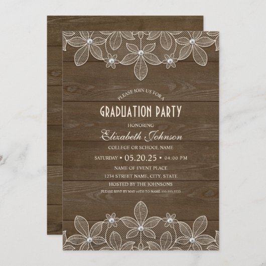 素朴な卒業パーティーの木製のレースの真珠の卒業生 招待状 (正面/裏面)