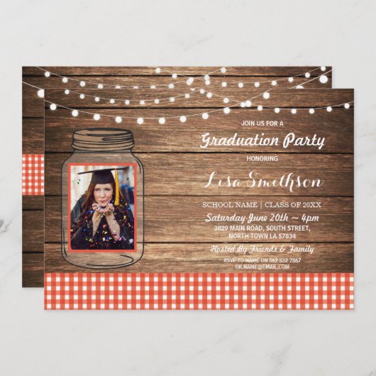 素朴な卒業パーティーの瓶の木製の赤いギンガムの写真 招待状 (正面/裏面)