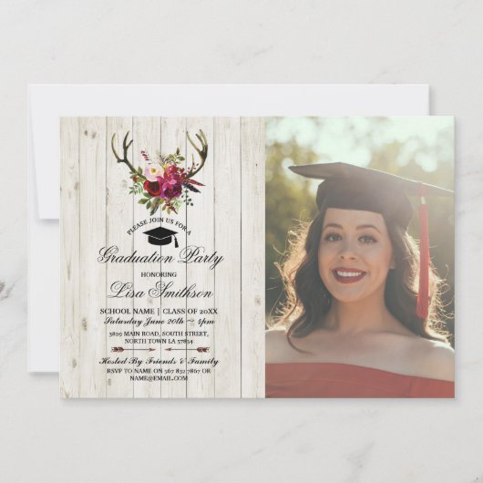 素朴な卒業パーティーの花の(雄ジカの)枝角の雄鹿の写真 招待状 (正面)