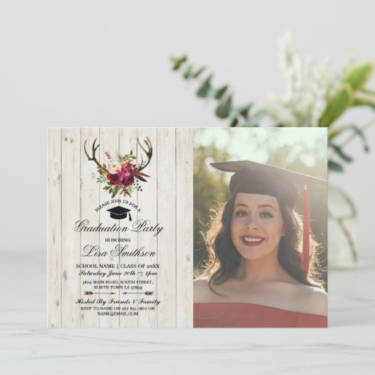 素朴な卒業パーティーの花の(雄ジカの)枝角の雄鹿の写真 招待状 (スタンド正面)