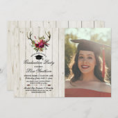 素朴な卒業パーティーの花の(雄ジカの)枝角の雄鹿の写真 招待状 (正面/裏面)