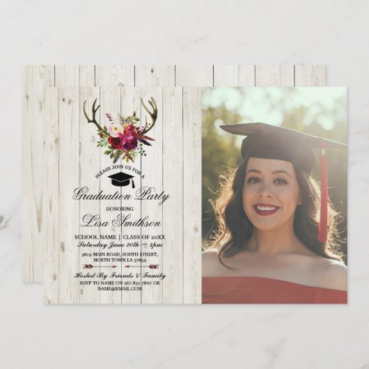 素朴な卒業パーティーの花の(雄ジカの)枝角の雄鹿の写真 招待状 (正面/裏面)