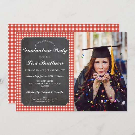 素朴な卒業パーティーの赤い点検のチョークBBQの写真 招待状 (正面/裏面)