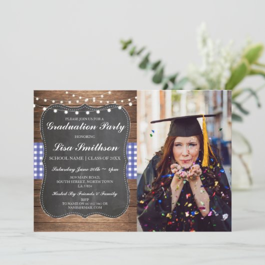 素朴な卒業パーティーの青い点検のチョークBBQの写真 招待状 (スタンド正面)