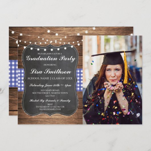 素朴な卒業パーティーの青い点検のチョークBBQの写真 招待状 (正面/裏面)