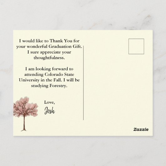 素朴な卒業発表と感謝 ポストカード (裏面)