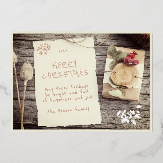 素朴な古い紙の羊皮紙の木のクリスマス 箔シーズンカード (正面)