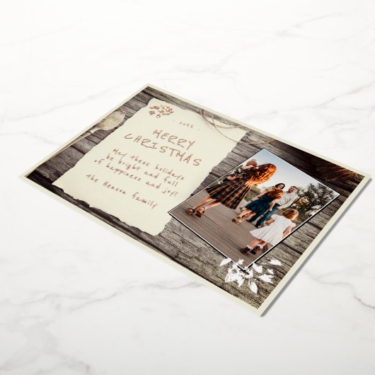 素朴な古い紙の羊皮紙の木の写真のクリスマス 箔シーズンカード (回転した状態)