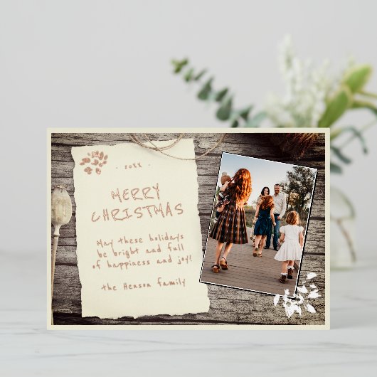 素朴な古い紙の羊皮紙の木の写真のクリスマス 箔シーズンカード (立ち正面)