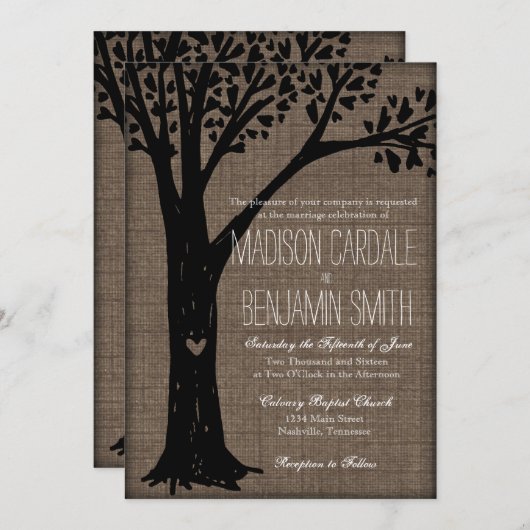 素朴な国によって切り分けられるハートの木の結婚式の招待 招待状 (正面/裏面)