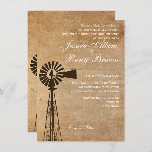 素朴な国のキャンバスの風車の結婚式招待状 招待状 (正面/裏面)