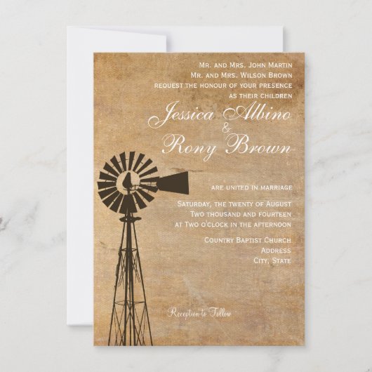 素朴な国のキャンバスの風車の結婚式招待状 招待状 (正面)