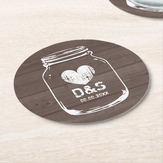 素朴な国のシックなメーソンジャーの結婚式のコースター ラウンドペーパーコースター (アングル)