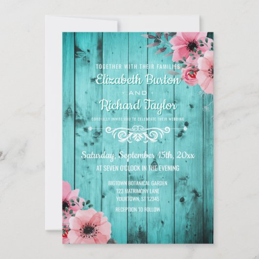 素朴な国のティール（緑がかった色）の木製のピンクの花のBohoの結婚式 招待状 (正面)