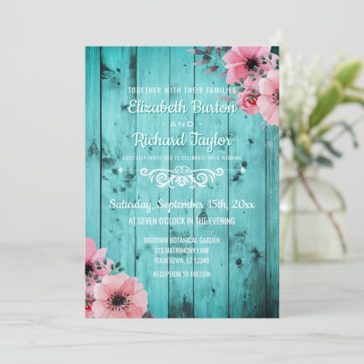 素朴な国のティール(緑がかった色)の木製のピンクの花のBohoの結婚式 招待状 (スタンド正面)