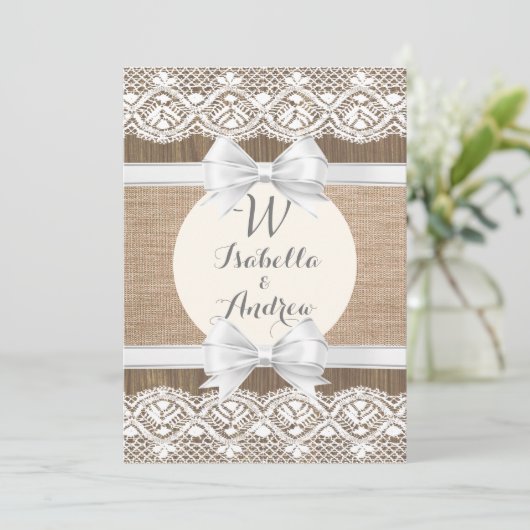 素朴な国のバーラップのレースの結婚式招待状 招待状 (スタンド正面)