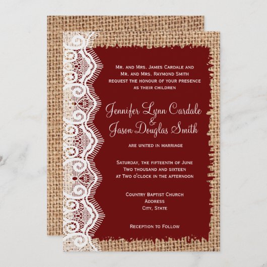 素朴な国のバーラップのレースの赤の結婚式招待状 招待状 (正面/裏面)