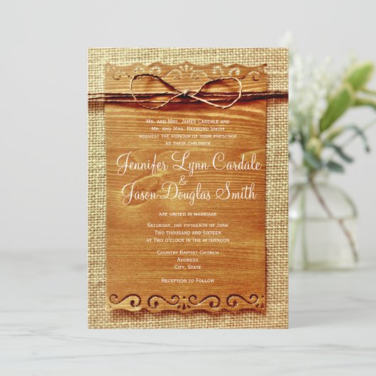 素朴な国のバーラップの麻ひもの弓結婚式招待状 招待状 (スタンド正面)