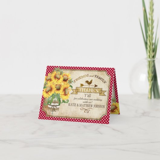 素朴な国のヒマワリのギンガムの点検は感謝していしています サンキューカード (正面)