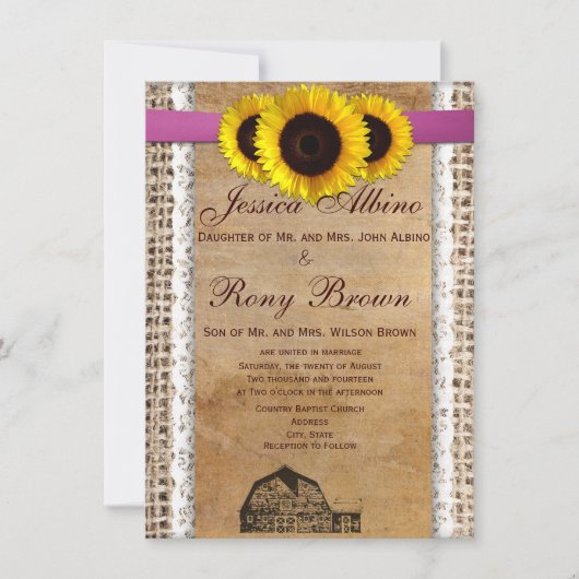 素朴な国のヒマワリのレースの結婚式招待状 招待状 (正面)