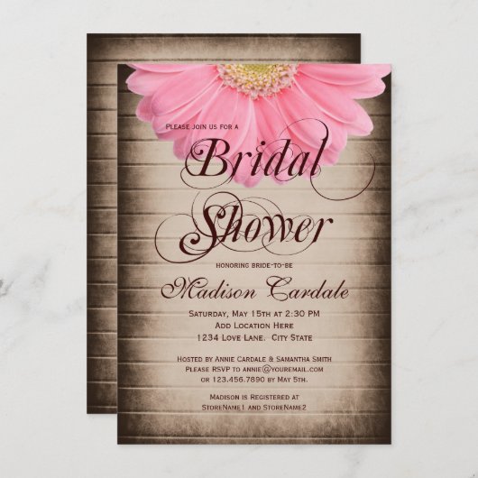 素朴な国のピンクのデイジーのブライダルシャワーの招待状 招待状 (正面/裏面)