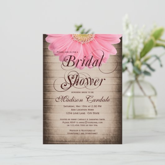 素朴な国のピンクのデイジーのブライダルシャワーの招待状 招待状 (スタンド正面)