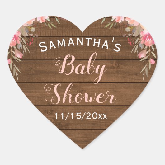 素朴な国のピンクの花のベビーシャワーの好意 ハートシール (正面)