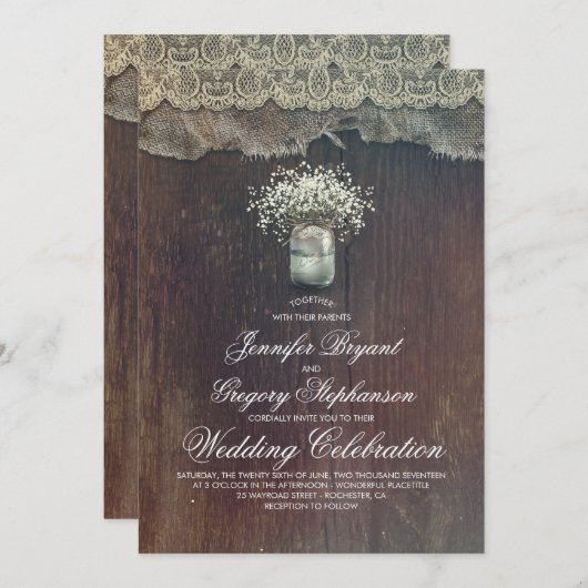 素朴な国のメーソンジャーおよびベビーの呼吸結婚式 招待状 (正面/裏面)