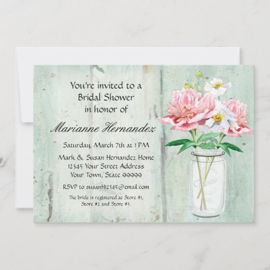 素朴な国のメーソンジャーのシャクヤクのケシの花束のピンク 招待状 (正面)